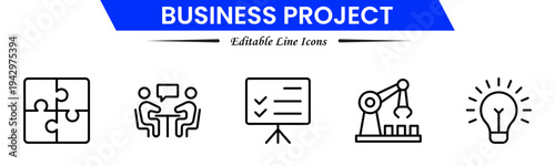 Business project icons depicting planning, teamwork, strategy, tasks, deadlines, meetings, reports, milestones, collaboration, management, analysis, workflow, productivity, progress, and goals.