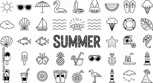 Summer icons set with sunglasses umbrella pineapple ice cream and beach elements on white background