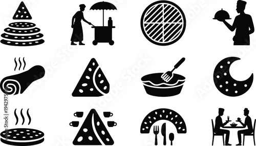 Black and white pizza icons and people eating at restaurant tables with food cart and chef serving dish