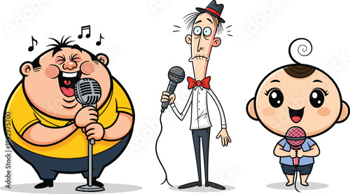 Funny cartoon characters singing with microphones including baby, fat man, and tall skinny person, comedy music performance illustration concept design.