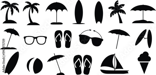 Black silhouettes of summer vacation icons including palm trees beach umbrellas sunglasses flip flops and sailboats on white background for travel and leisure concepts