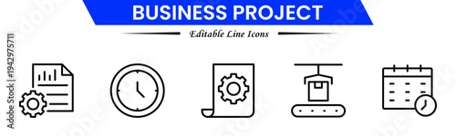 Business project icons depicting planning, teamwork, strategy, tasks, deadlines, meetings, reports, milestones, collaboration, management, analysis, workflow, productivity, progress, and goals.
