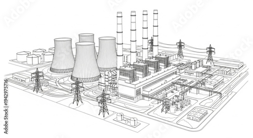 Industrial Factory Complex with Silos and Buildings.