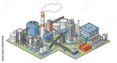 Industrial Factory Complex with Smokestack.