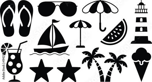 Black summer vacation icons set including flip flops sunglasses umbrella sailboat watermelon lighthouse cocktail stars palm trees ice cream on white background for travel