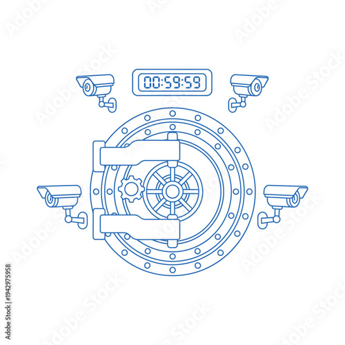 Bank Vault Door Security Cameras and Timer Illustration.