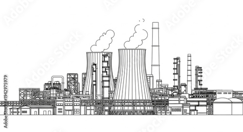 Industrial Factory Complex with Smokestacks.