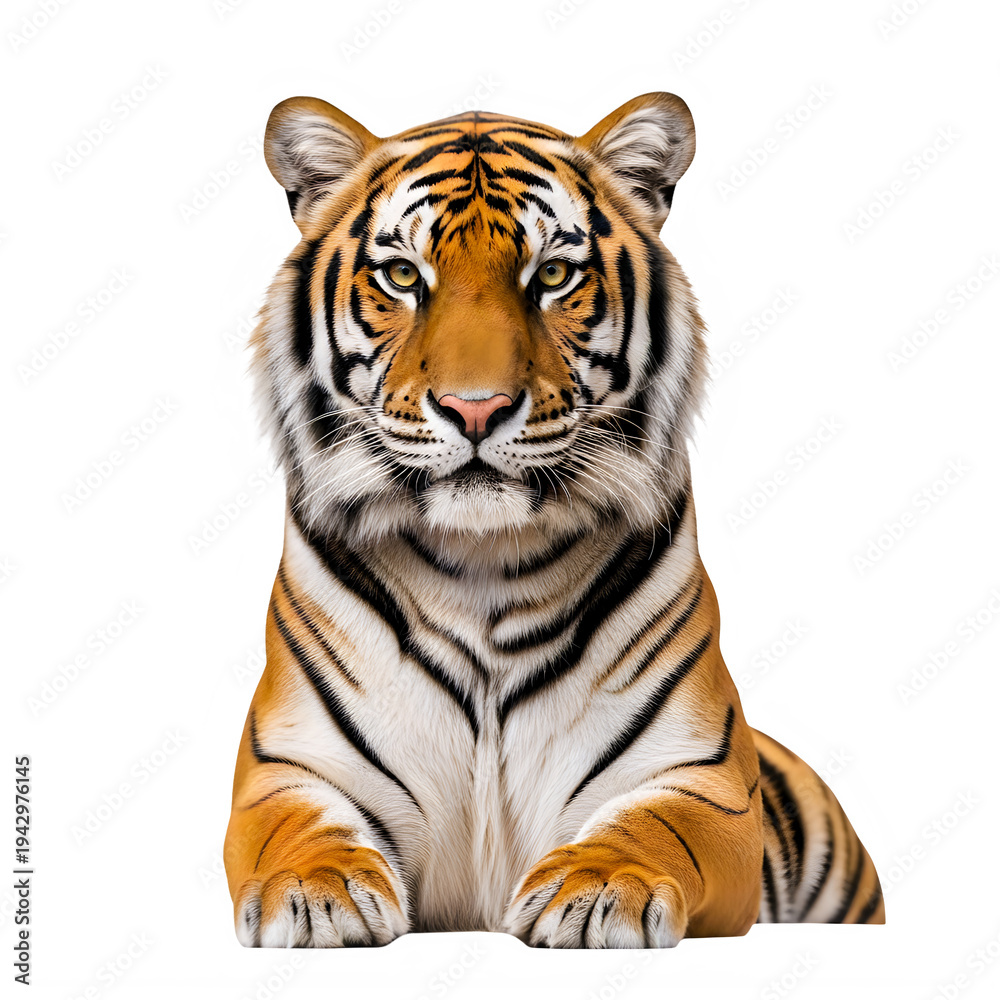 Obraz premium Tiger lying down, orange and black stripes, isolated on a transparent background