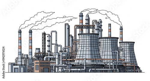 Industrial Factory Complex with Smokestacks.