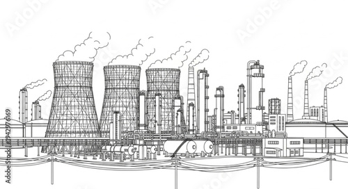 Industrial Factory Complex with Smokestacks.