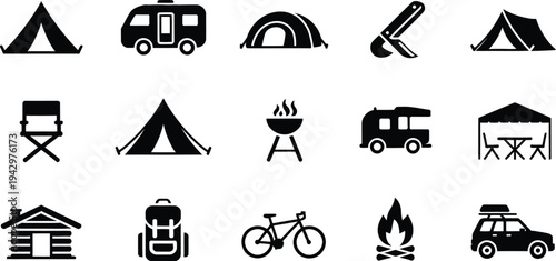 Camping icons set including tent camper rv campfire and outdoor gear for travel and adventure