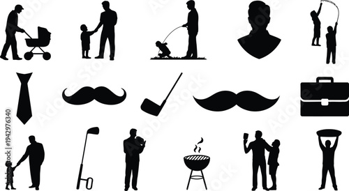 Collection of black silhouette icons depicting everyday life and leisure activities of men