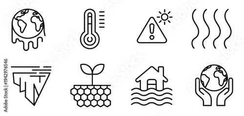Global climate icons, line art vector illustration representing environmental issues, climate change effects, natural disasters, pollution