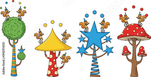 Funny squirrel illustration juggling balls, riding unicycles, standing on creative cartoon trees with stars, mushrooms, circus theme, playful design, vector