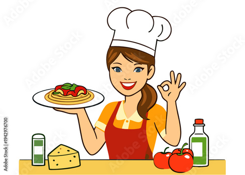 Happy woman cook presents a plate of pasta while making an okay sign at the kitchen counter with cheese, tomatoes and oil. Fresh meal concept suggests homemade food and healthy cooking.