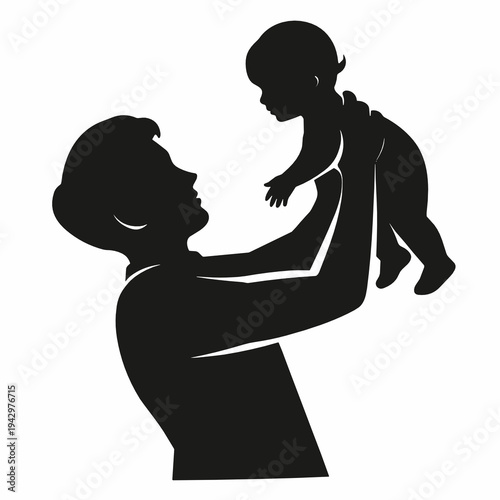 Black silhouette of a mother lifting her baby upward with outstretched arms, symbolizing joy, playful interaction, parental pride and strong emotional family connection.