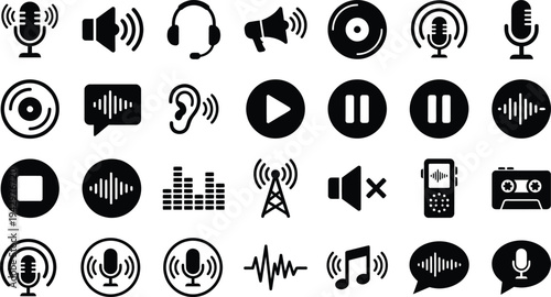 Collection of black audio and media icons on white background including microphones headphones play buttons and sound waves for music podcast and broadcasting concepts