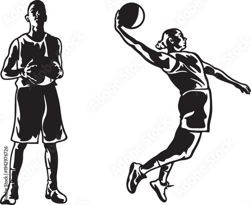 Two basketball players in action, one preparing to shoot and the other in a defensive stance. isolated on transparent background