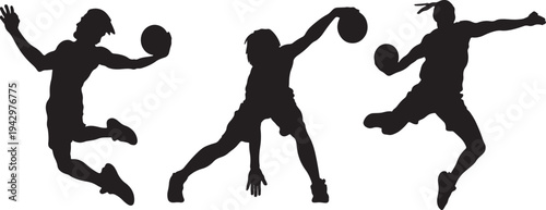 Silhouettes of athletes playing handball showcasing dynamic movements and techniques isolated on transparent background