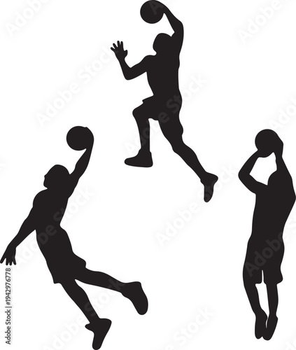 Three basketball players in action during a game with one attempting a dunk. isolated on transparent background