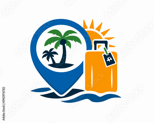 Location pin with tropical island and tagged suitcase above waves. Vacation booking, resort check in and holiday destination concept in modern flat vector style.
