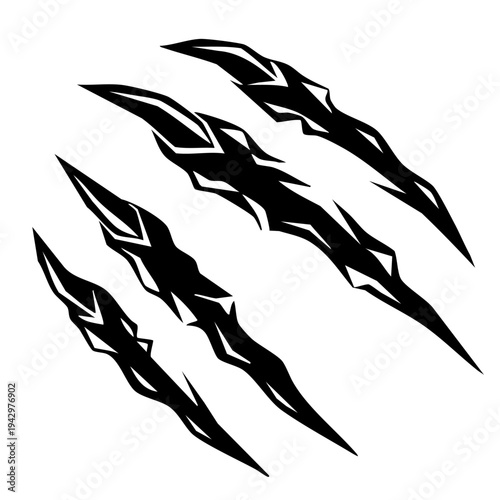 Claw marks. Four diagonal black tears on a white background, imitating scratches from a beast's or monster's paw. Vector illustration in an aggressive style.