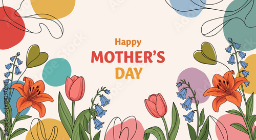A vibrant Mother's Day illustration featuring colorful flowers and cheerful typography in a modern, flat style