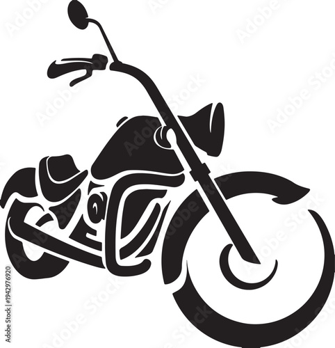 A detailed illustration of a classic cruiser motorcycle in black and white isolated on transparent background