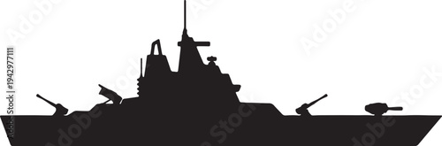 Silhouette of a battleship with various mounted cannons and a tall mast. isolated on transparent background