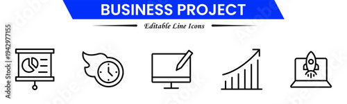 Business project icons depicting planning, teamwork, strategy, tasks, deadlines, meetings, reports, milestones, collaboration, management, analysis, workflow, productivity, progress, and goals.