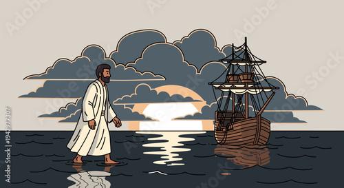 A man walking on water towards a ship under a dramatic sky, illustrated in a modern flat style