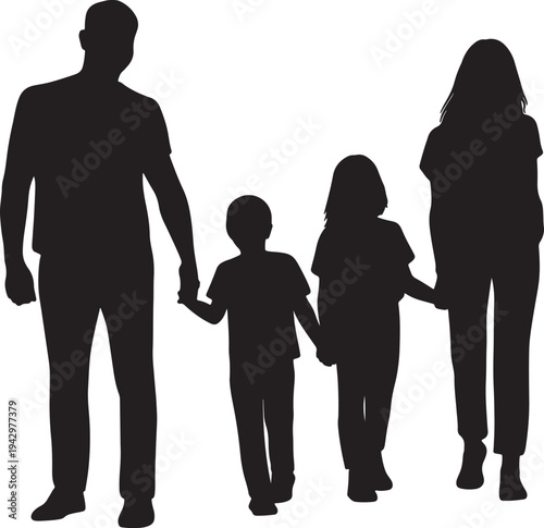 A silhouette of a family of four holding hands together in a show of unity and love isolated on transparent background