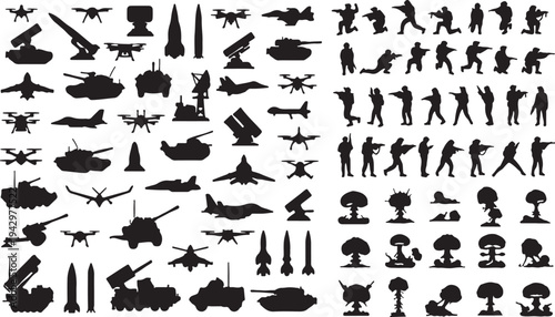Diverse collection of military icons and silhouettes on white background isolated on transparent background