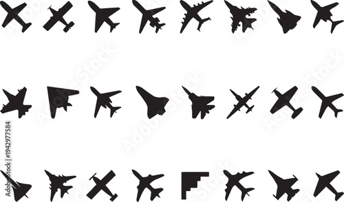 Abstract black silhouettes of various aircraft in a grid pattern isolated on transparent background