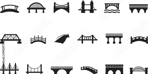 A collection of various bridge types and designs from around the world isolated on transparent background