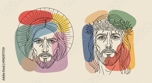 Two minimalist line art portraits of Jesus with colorful abstract backgrounds, perfect for religious themes