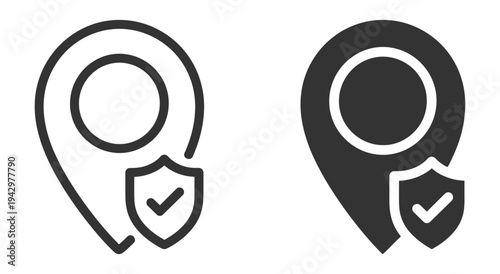 Black and white map pin icons with shield and checkmark