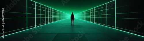 Solitary figure in a green neon grid tunnel, a futuristic digital journey into an immersive virtual reality, Sci-fi, Cyberpunk