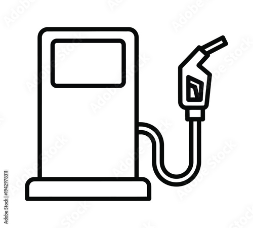 Minimalist line drawing of a gas station pump, featuring the dispenser unit and a fuel nozzle connected by a hose.