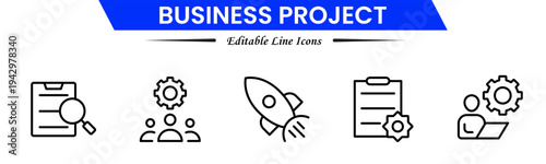 Business project icons depicting planning, teamwork, strategy, tasks, deadlines, meetings, reports, milestones, collaboration, management, analysis, workflow, productivity, progress, and goals.