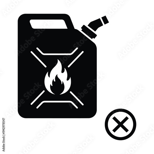 Black silhouette icon of a jerrycan with a flame symbol indicating flammable contents, accompanied by a prohibition 'X' mark.