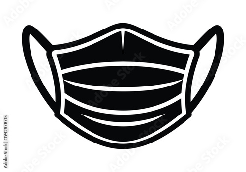 Black graphic illustration of a pleated medical face mask with ear loops, symbolizing protection and health.