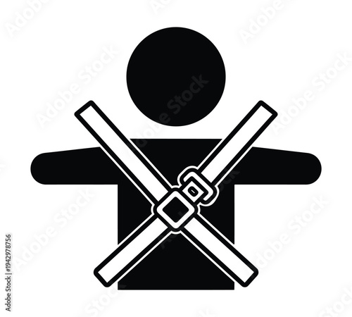 Black silhouette of a person wearing a white seatbelt with a visible buckle, symbolizing safety and restraint in transport.
