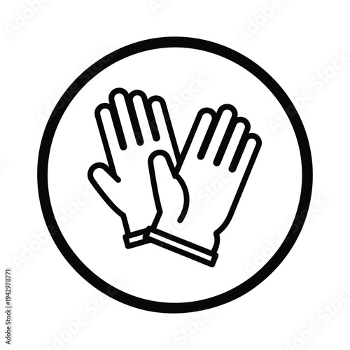 Black and white outline icon of a pair of protective gloves within a circular frame, symbolizing safety and hygiene.
