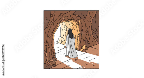 A solitary figure in a flowing robe stands at the entrance of a cave, illustrated in a minimalist style