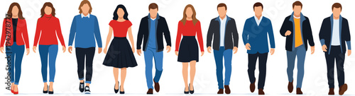 Flat vector illustration of a large group of diverse people walking forward wearing colorful casual and smart office fashion outfits