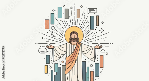 Stylized illustration of a figure with outstretched arms, featuring a modern, geometric design with vibrant colors