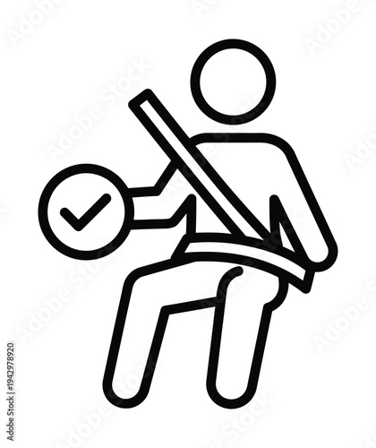 Line art icon of a person wearing a seatbelt with a checkmark, symbolizing safety and compliance.