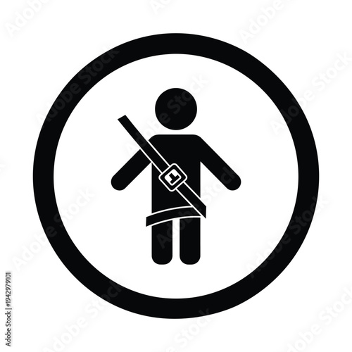 Black and white safety icon depicting a person wearing a seatbelt inside a circular frame, emphasizing road safety.