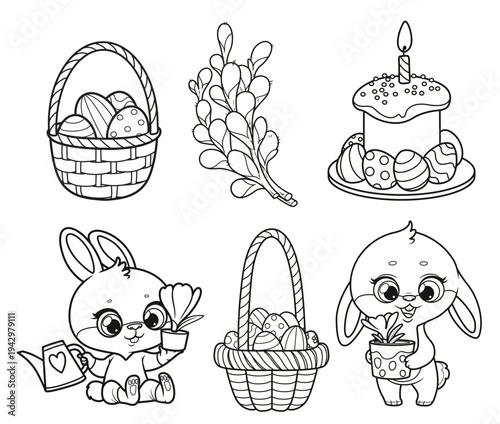 Rabbits, willow branches, Easter cake, baskets with Easter eggs outlined for coloring on a white background
